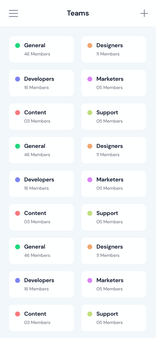 Liste des équipes dans l'application